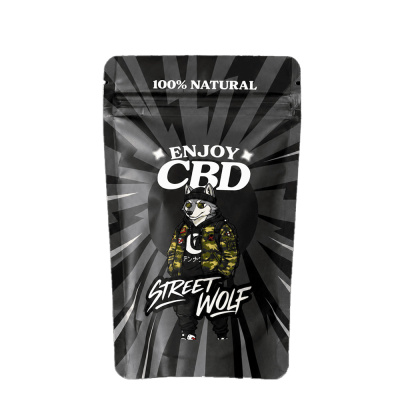 Embalagem preta de produto com texto e ilustração de lobo hipster