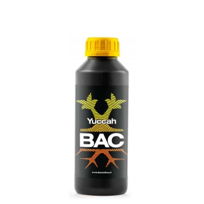 Frasco preto com tampa amarela e rótulo Yuccah BAC e figuras coloridas.
