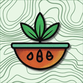 Animação de planta verde num recipiente colorido sobre fundo ondulado.
