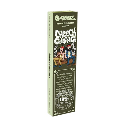 Embalagem verde-oliva G-Rollz Cheech & Chong com ilustração de personagens e texto em branco
