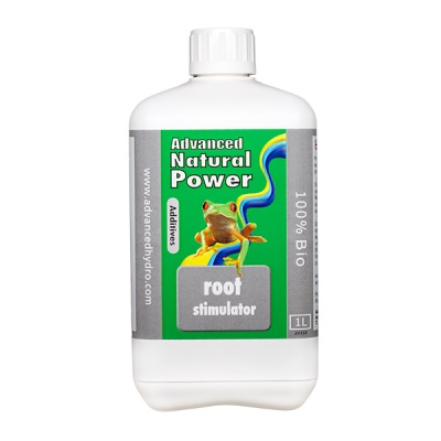 Frasco branco de aditivo para raízes com rótulo verde e rã colorida