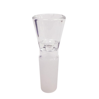 Peça de vidro transparente com encaixe cónico fosco e topo liso brilhante.