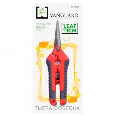 Tesoura de colheita Vanguard Hydroponics com pega vermelha e preta em embalagem decorativa