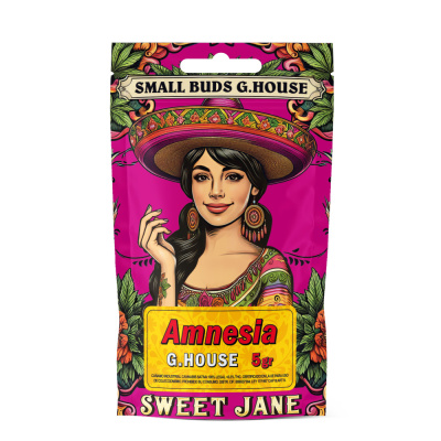 Embalagem rosa com ilustração de mulher e texto Amnesia G.HOUSE 5gr