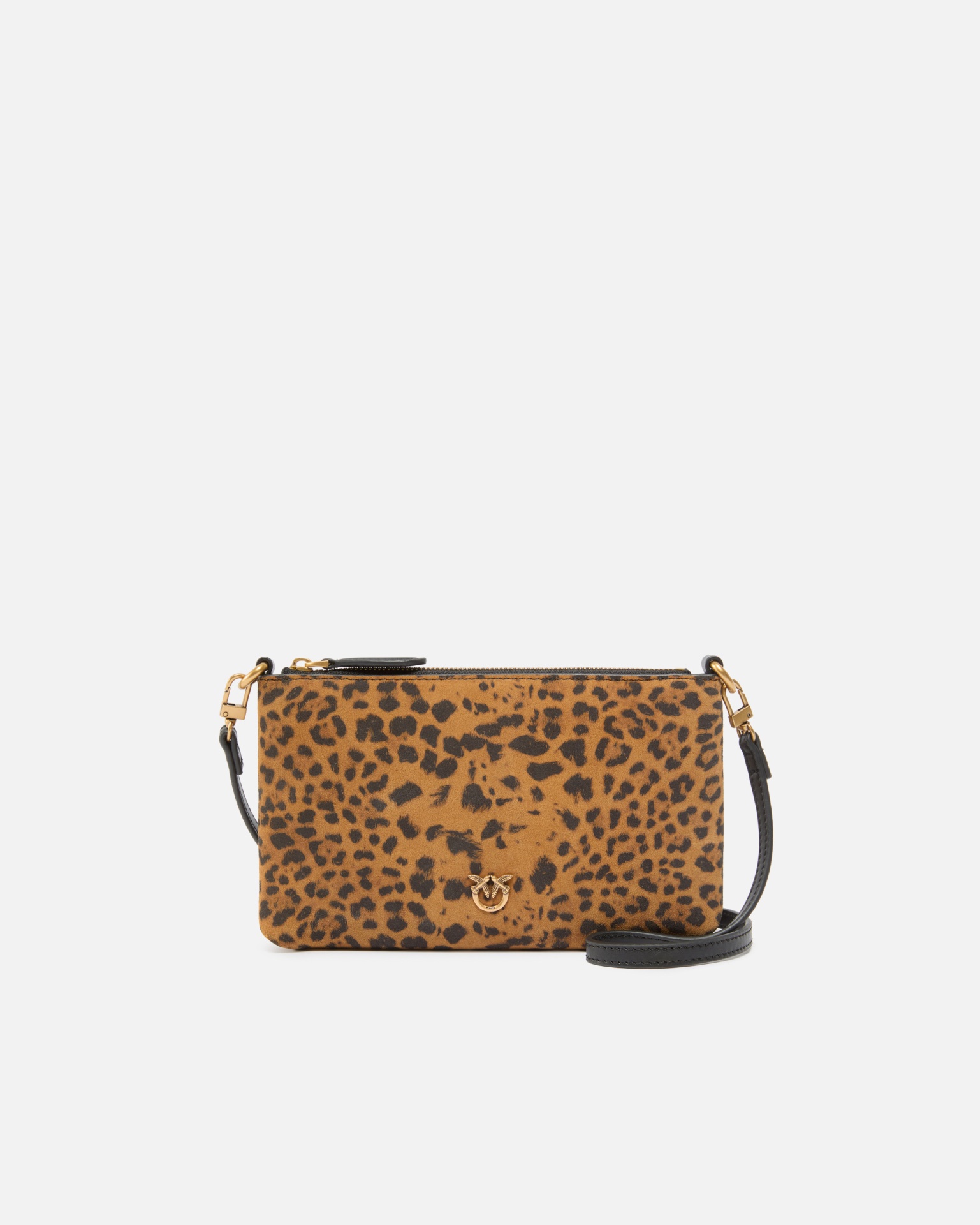 Small crossbody clutch in leopard-print suede Carteira em padrão animal print castanho e preto com alça preta e detalhe dourado