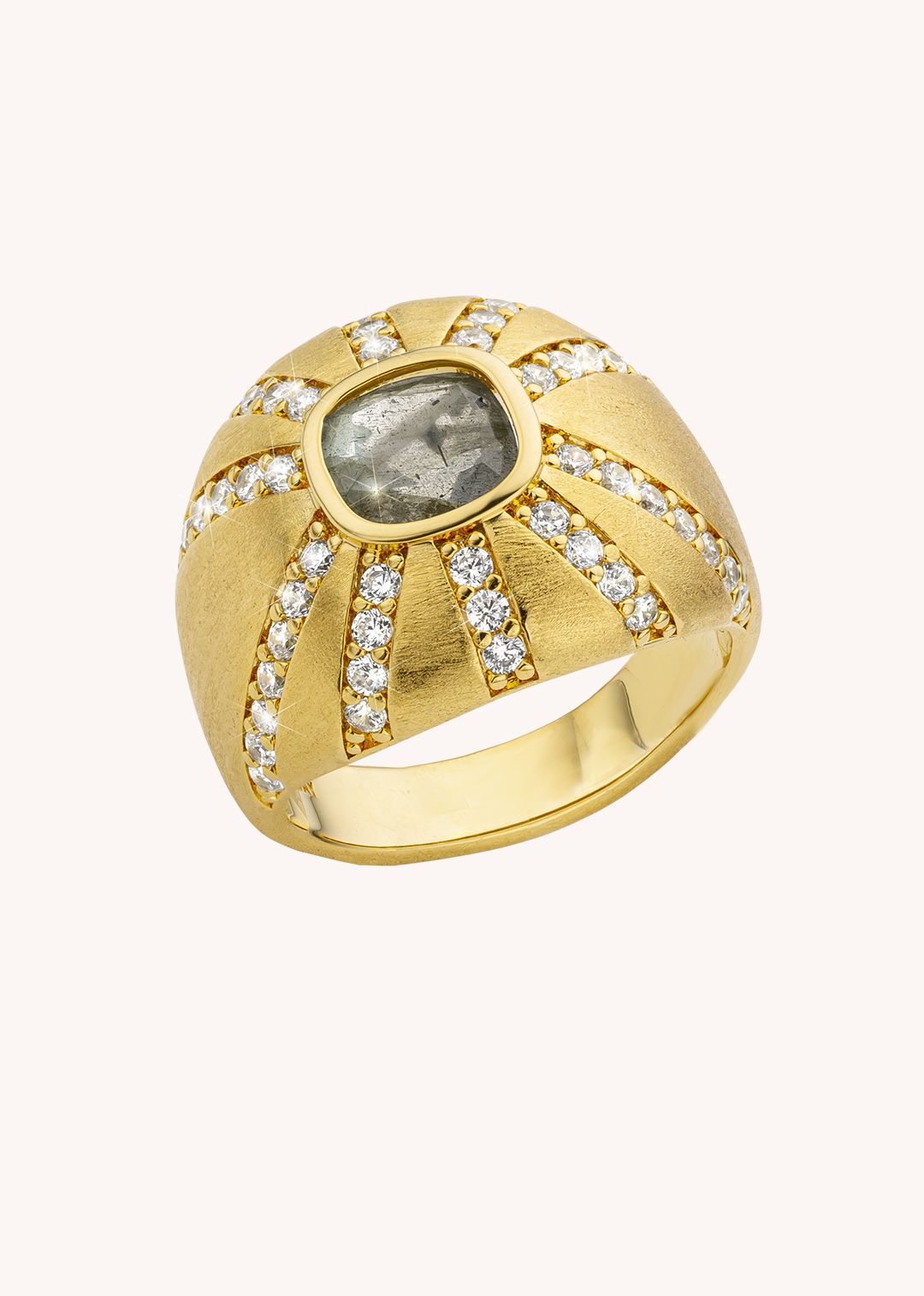 MIA-BAY Labradorite California Ring Anel dourado com pedra cinzenta e brilhantes