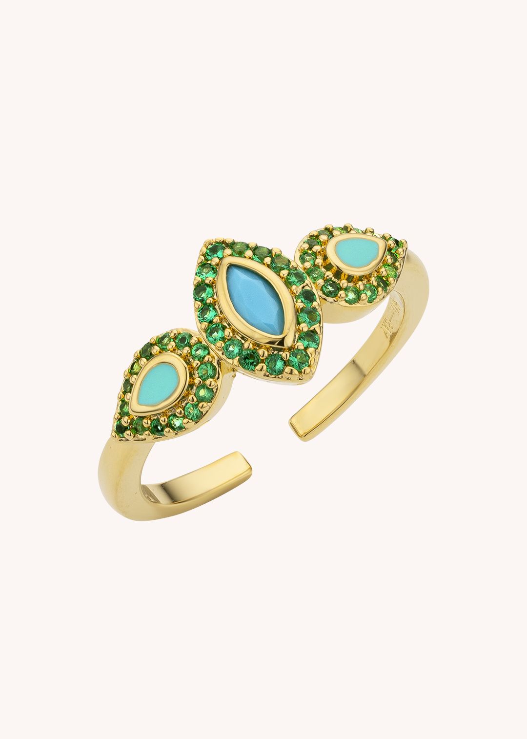 MYA-BAY Turquoise Mademoiselle Ring Anel aberto dourado com pedras verdes e azuis em fundo bege
