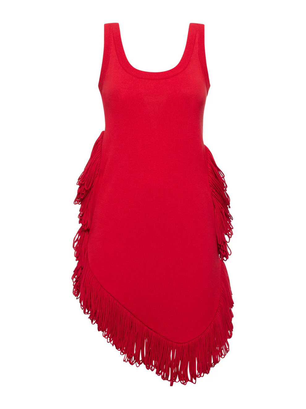 Short Knit Dress with Fringe Details – Berry Kiss Vestido vermelho com franjas e corte assimétrico