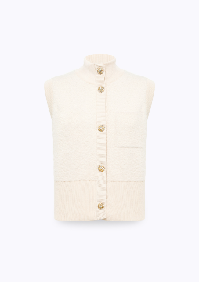 Fur Effect Knitted Vest Colete branco texturizado com gola alta e botões dourados