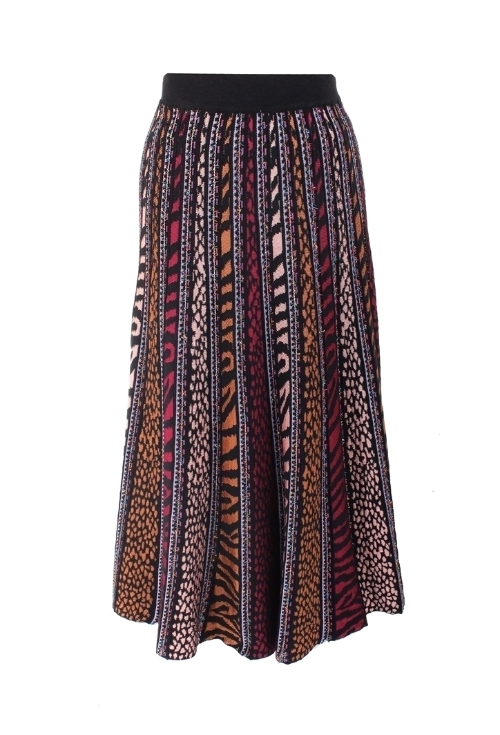 Hellen long flared knit skirt Saia midi padrão animal print colorida com cós elástico preto