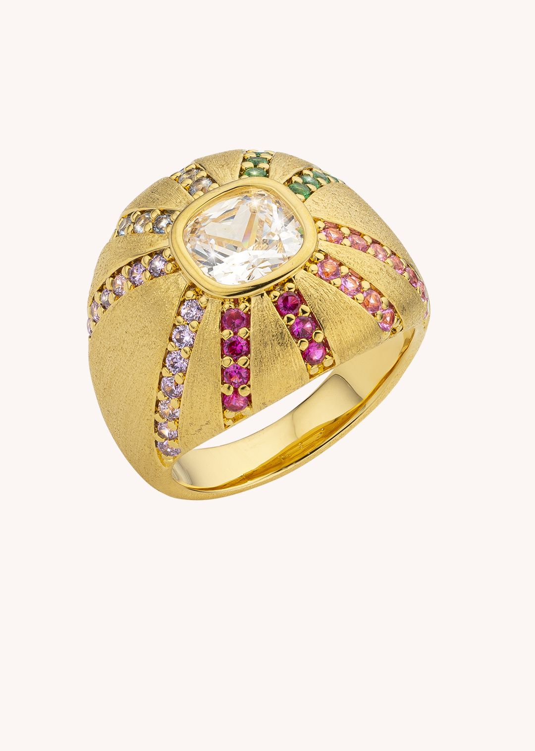 MYA-BAY California Rainbow Ring anel de ouro amarelo com pedras coloridas e pedra central transparente