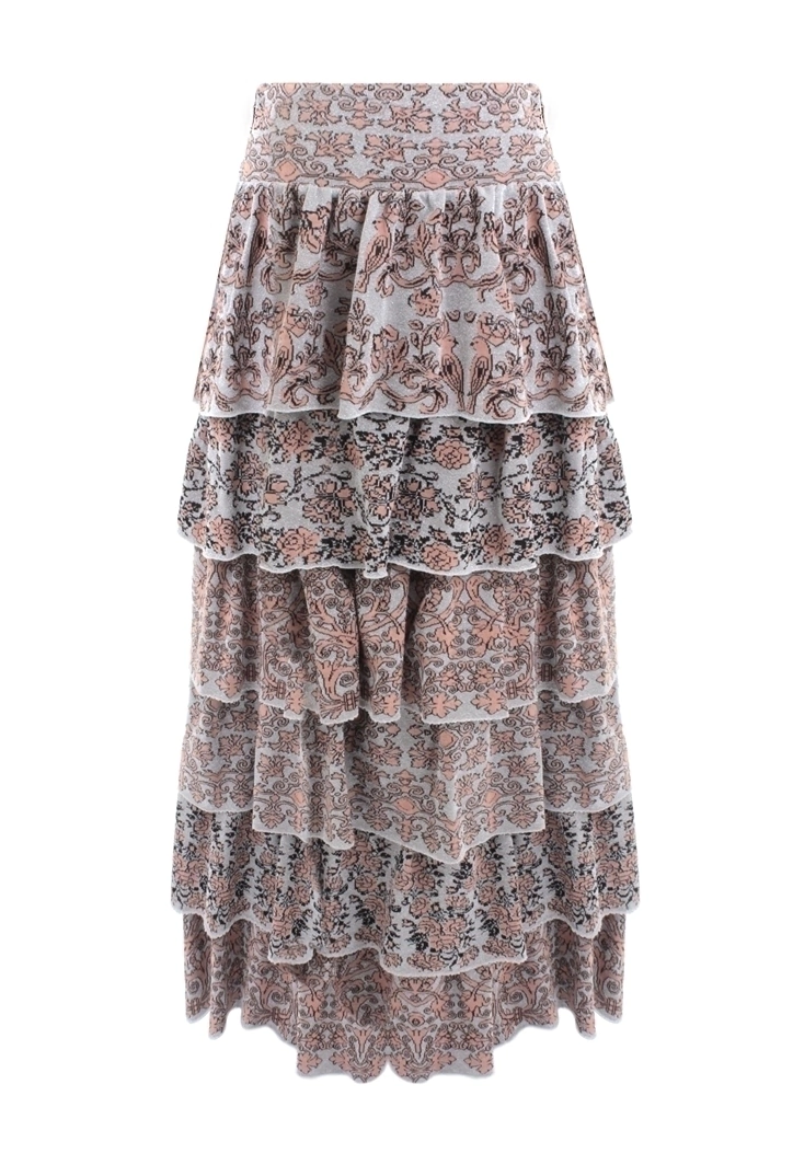 Lídia Printed Knit Skirt Saia longa com várias camadas em padrões florais tons pastel