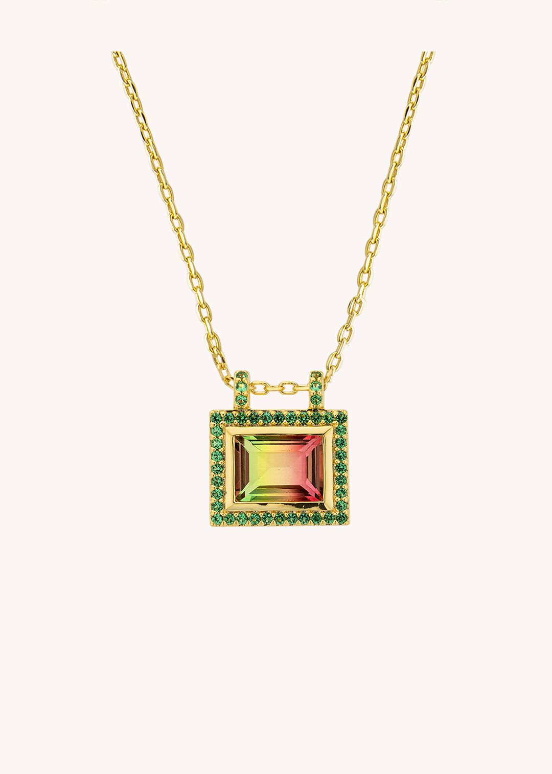 MYA-BAY Green Watermelon El Paso Necklace Colar dourado com pendente quadrado com pedras coloridas