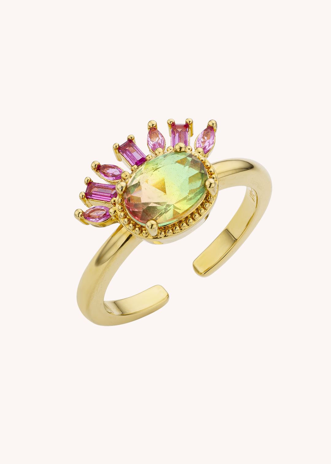 MYA-BAY Watermelon Lady Ring Anel dourado com pedra central verde e pedras rosas pequenas.