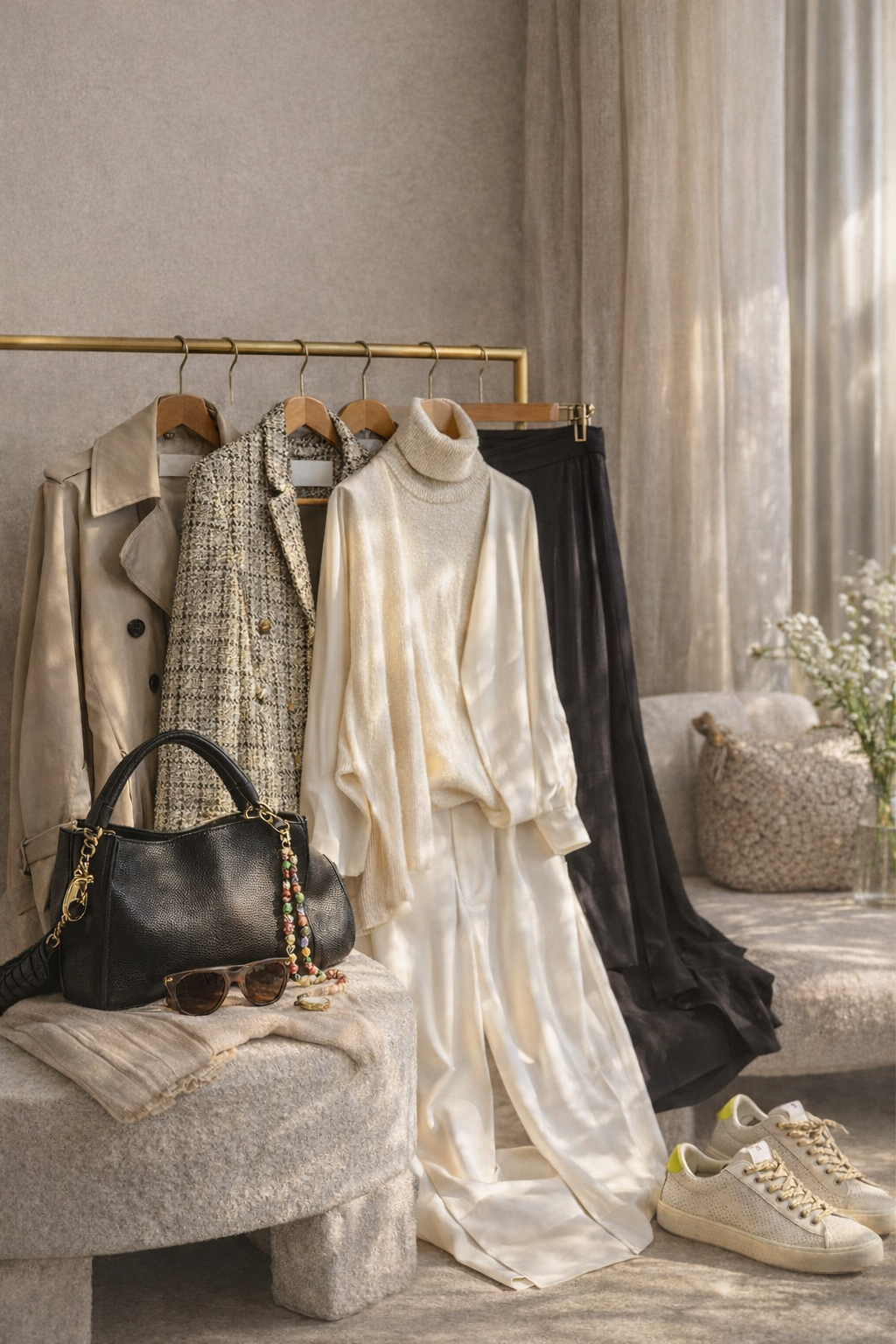 roupas e acessórios pendurados numa haste dourada com acessórios num banco cinzento
