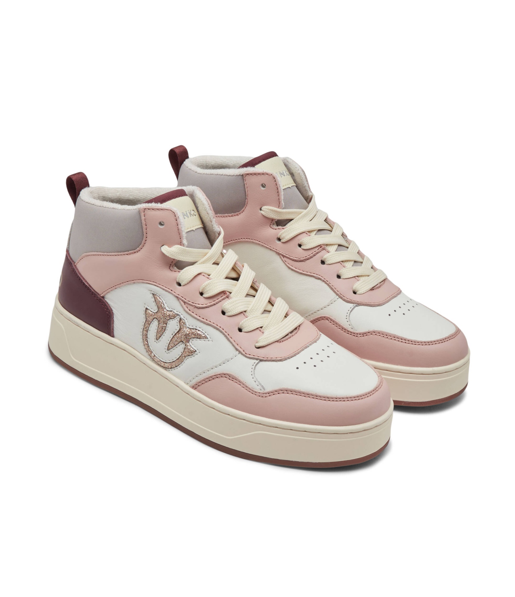 Detroit Pastel Pink and Burgundy Retro Sneakers Sapatilhas de cano médio em couro branco, rosa e vinho com sola bege