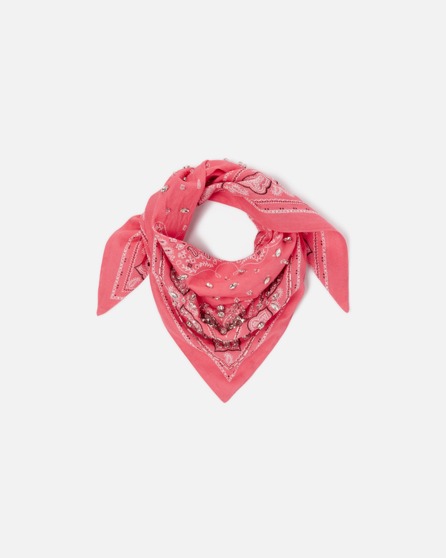 Cotton bandana with crystal embroidery Lenço cor-de-rosa com padrão paisley branco