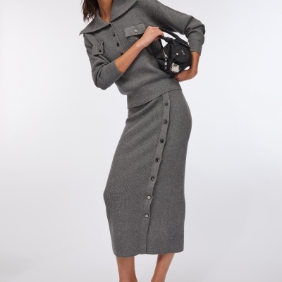 Conjunto malha cinzenta com camisa e saia e sapatos padrão serpente com mala preta