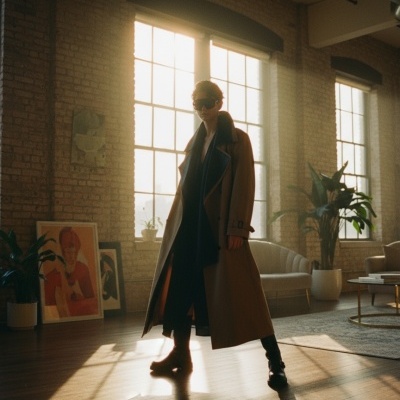 Pessoa de sobretudo castanho e óculos escuros numa sala com janelas grandes e paredes de tijolo