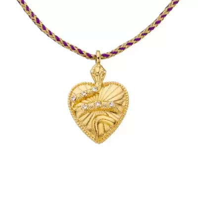 Colar com pendente coração dourado e cordão trançado roxo e dourado
