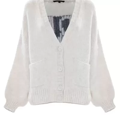 Cardigã de malha branco creme com botões e bolsos