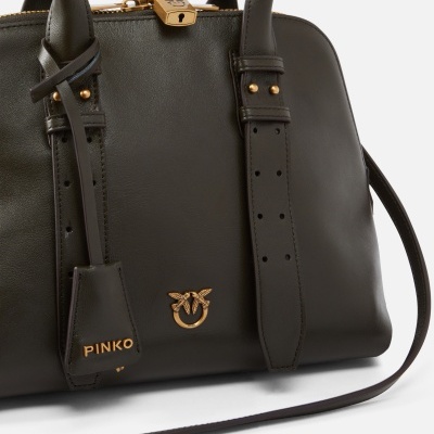 Mala de senhora preta em pele com alças e fecho dourado PINKO