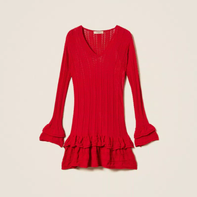 Camisola vermelha de malha com folhos e decote em V