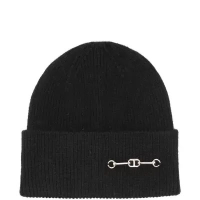 Gorro preto de malha com detalhe metálico prateado