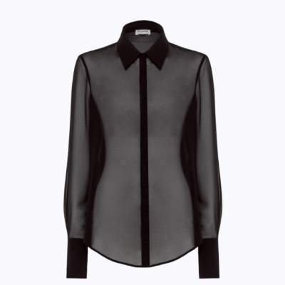 Camisa feminina preta transparente com gola e punhos pretos