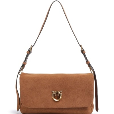 Mala de ombro castanha em camurça com fecho dourado e alça ajustável