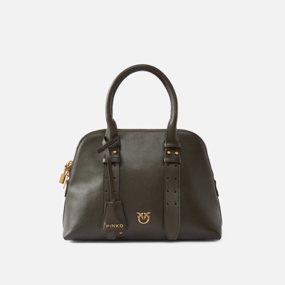 Mala de mão castanha escura em pele com pegas e logótipo dourado