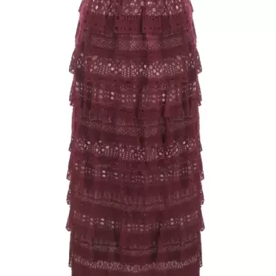 Saia midi de renda borgonha com folhos em camadas