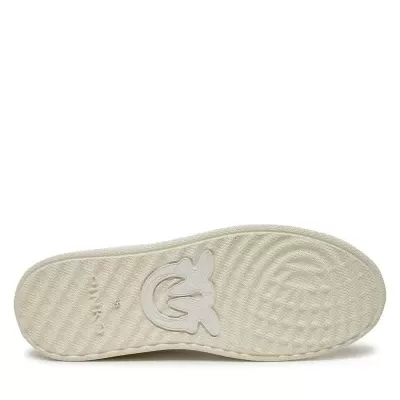 Sola de sapato bege claro com logo de aves em relevo e textura antiderrapante