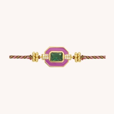Pulseira com cordão roxo e dourado e peça central octogonal com pedra verde