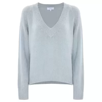 Camisola cinza claro de malha com decote em V e mangas compridas