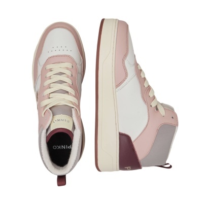 Sapatilhas altas brancas e rosa com sola branca e detalhe bordô