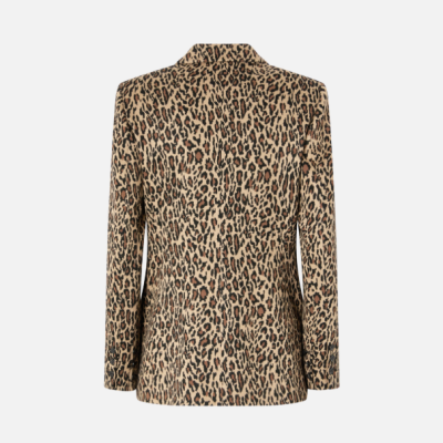Blazer com padrão animal print em tons de bege, castanho e preto