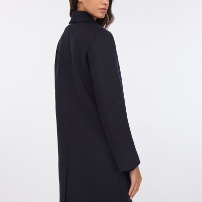 Casaco comprido azul escuro feminino com gola e abertura na parte de trás