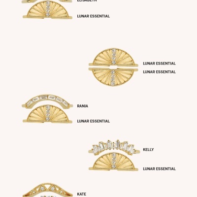 Anéis dourados com pedras claras em diferentes designs e nomes