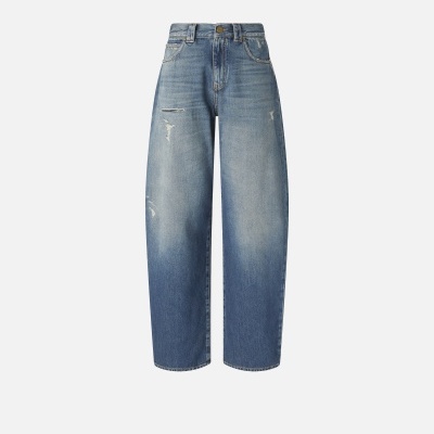 Calças de ganga azuis com lavagem desbotada e detalhes de desgaste