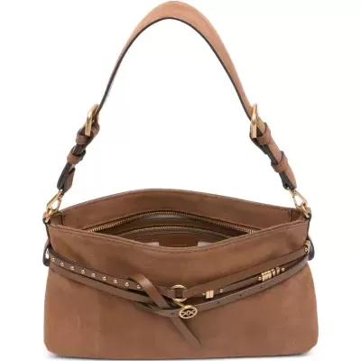 Mala castanha em camurça com alça ajustável e detalhes em pele castanha e dourada