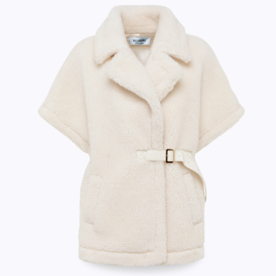 Casaco curto de pelo branco creme com cinto e gola