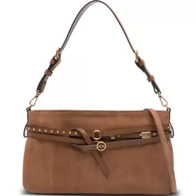 Mala castanha de camurça com alça e correia decorativa