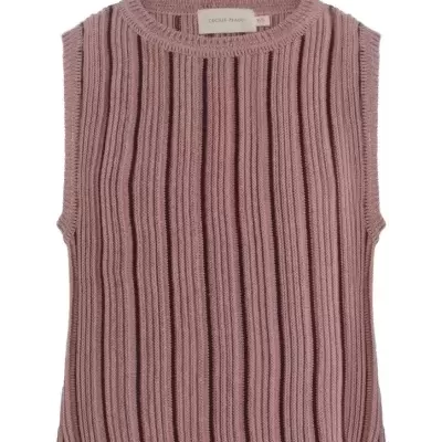 Camisola de malha sem mangas rosa com riscas verticais e gola redonda