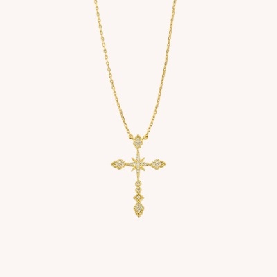 Colar dourado com pendente cruz e brilhantes