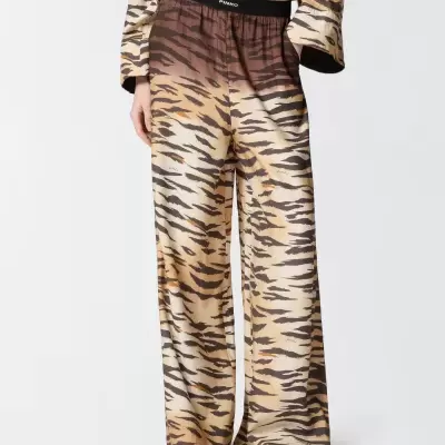 Calças largas com padrão animal bege e castanho e cintura elástica preta com logo PINKO