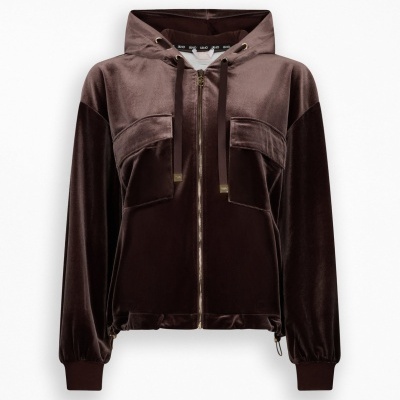 Casaco com capuz em veludo castanho com fecho de correr e bolsos frontais