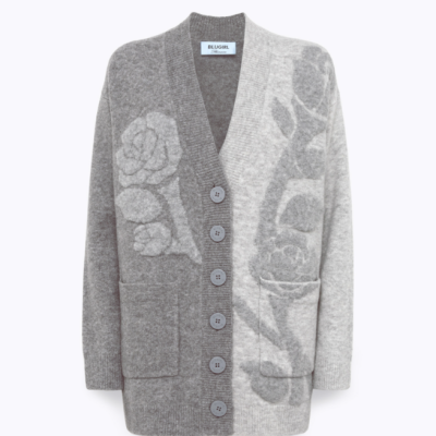 Cardigan cinzento com padrão floral e botões frontais