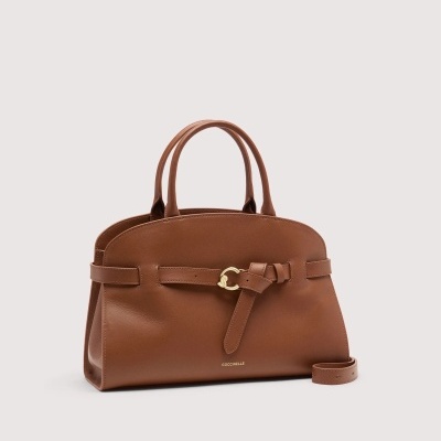 Bolsa de mão castanha em pele com fecho e alça dupla