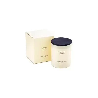 Vela perfumada branca com tampa preta e caixa creme VELVET WOOD